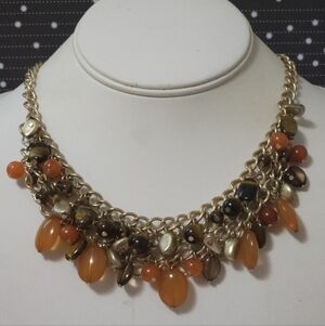 👍 5 For$20Chaps Orange Earth Tone Beaded Gold Tone Bib Style Statement Necklace